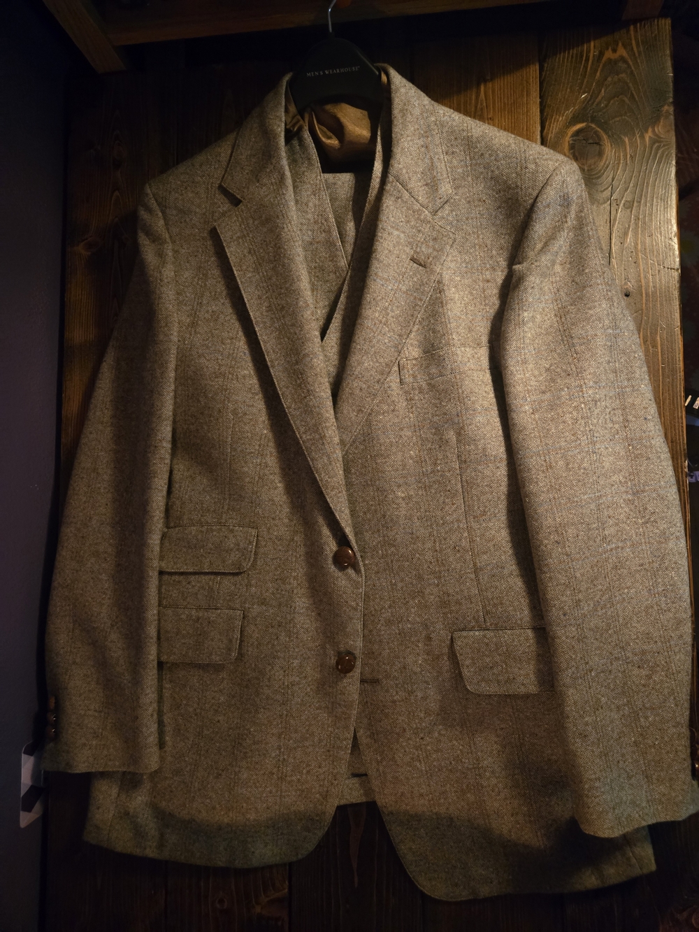 Vintage John Weitz 3 Piece Tweed Suit 42R Brown Plaid Vest Pants 35x30
